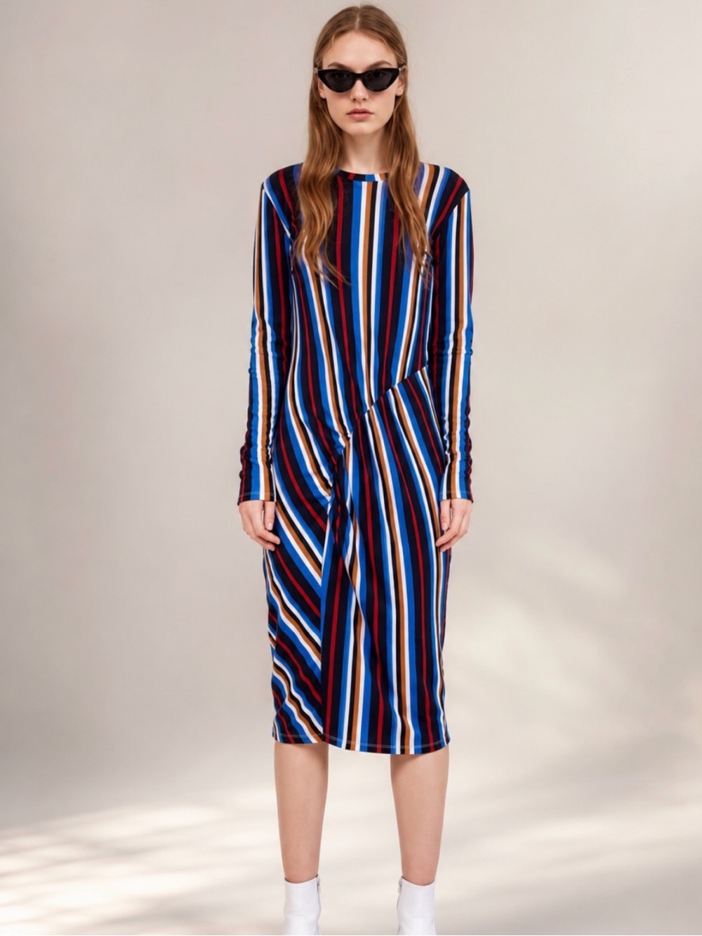 ZARA Art Deco Stripe Ribbed Twist Midi Dress Size M - Picture 5 of 9